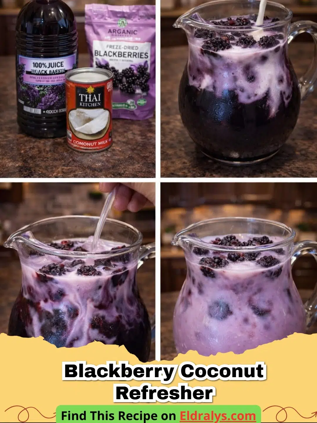A glass of purple Blackberry Coconut Refresher garnished with blackberries
