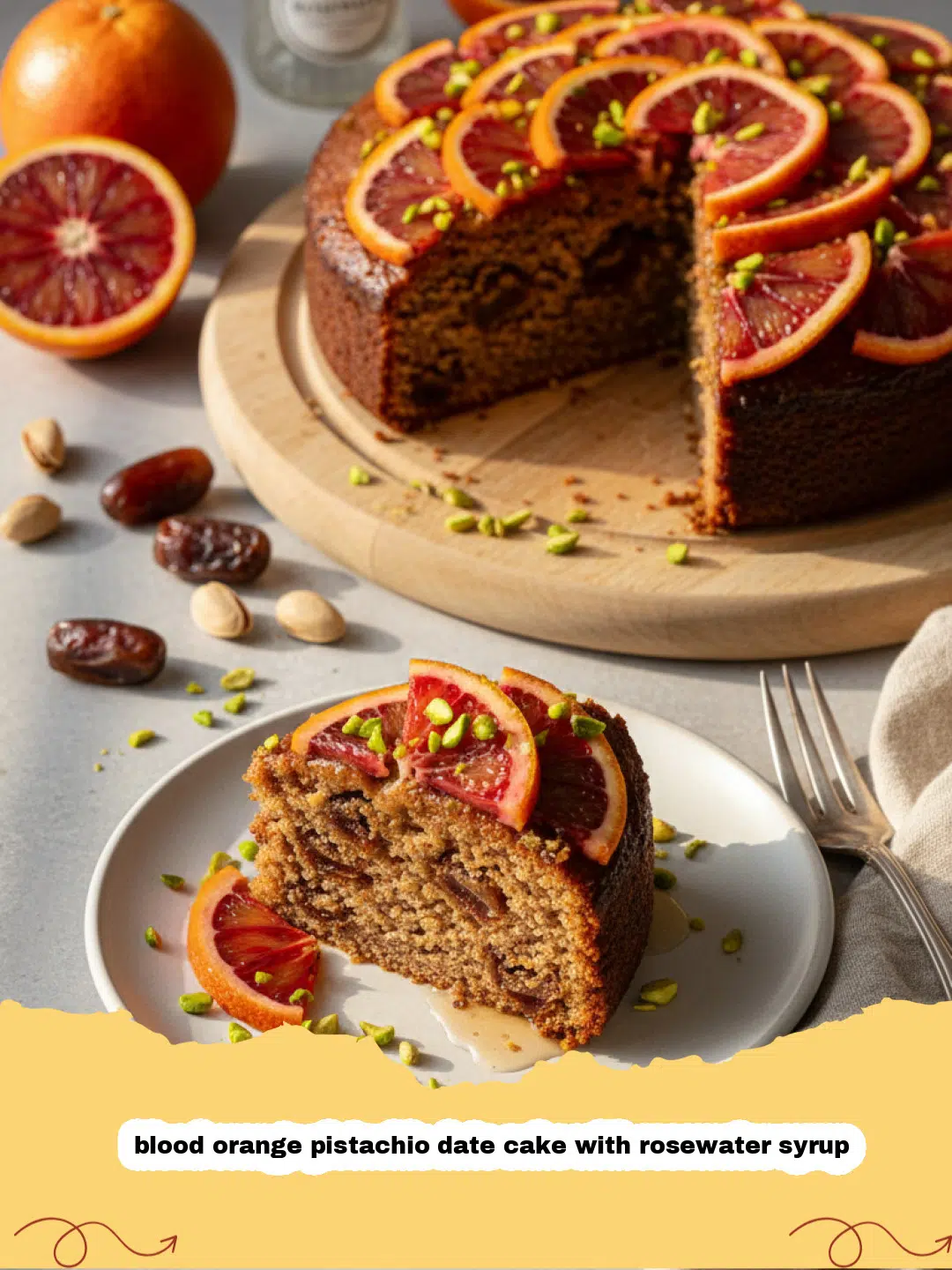 Slices of blood orange pistachio date cake with rosewater syrup on a plate