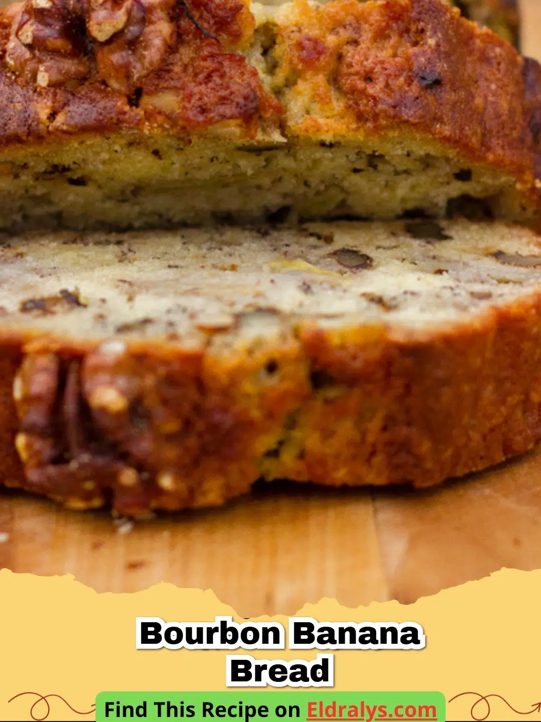 Slices of moist Bourbon Banana Bread on a wooden board with a glass of bourbon nearby.