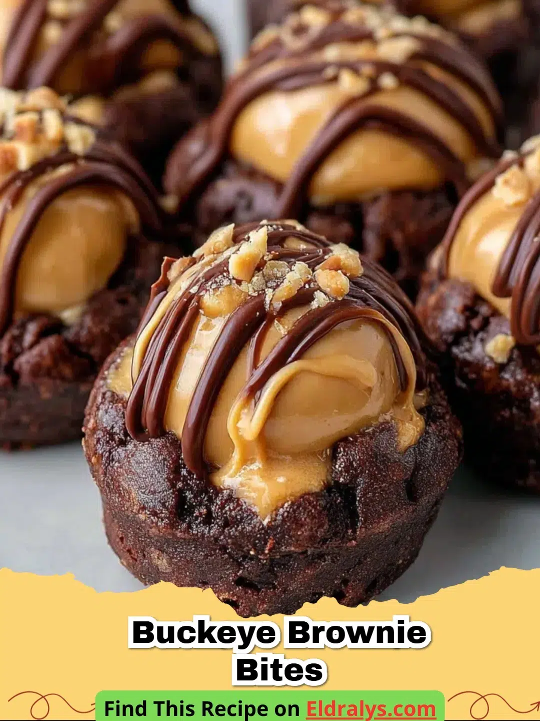 A tray of freshly baked Buckeye Brownie Bites showing the peanut butter center