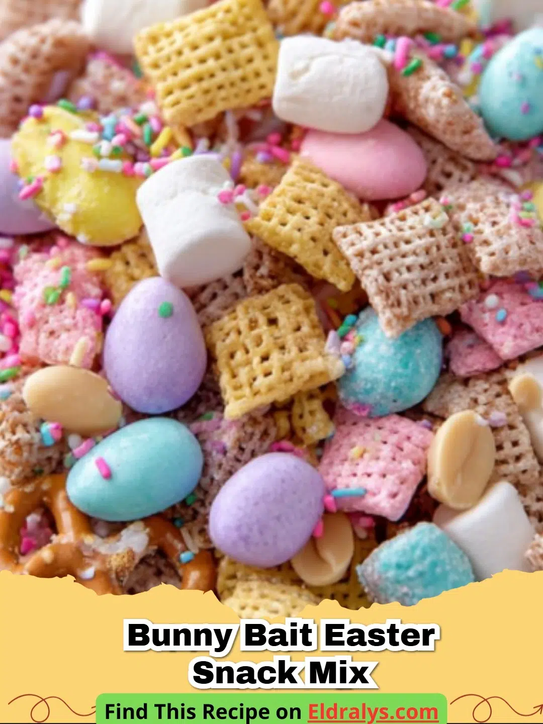 A close up of colorful Bunny Bait Easter Snack Mix in a festive bowl.