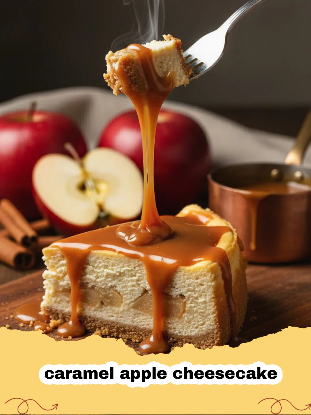 A close-up of a slice of caramel apple cheesecake with dripping caramel and spiced apples.