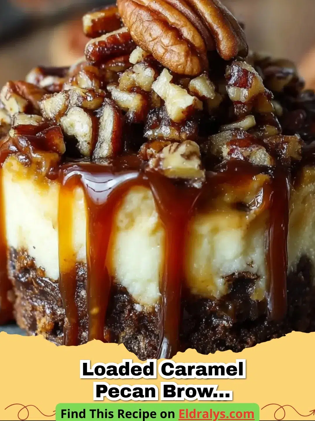 Close up of Caramel Pecan Brownie Cheesecake Cups in paper liners showing layers of brownie and cheesecake.