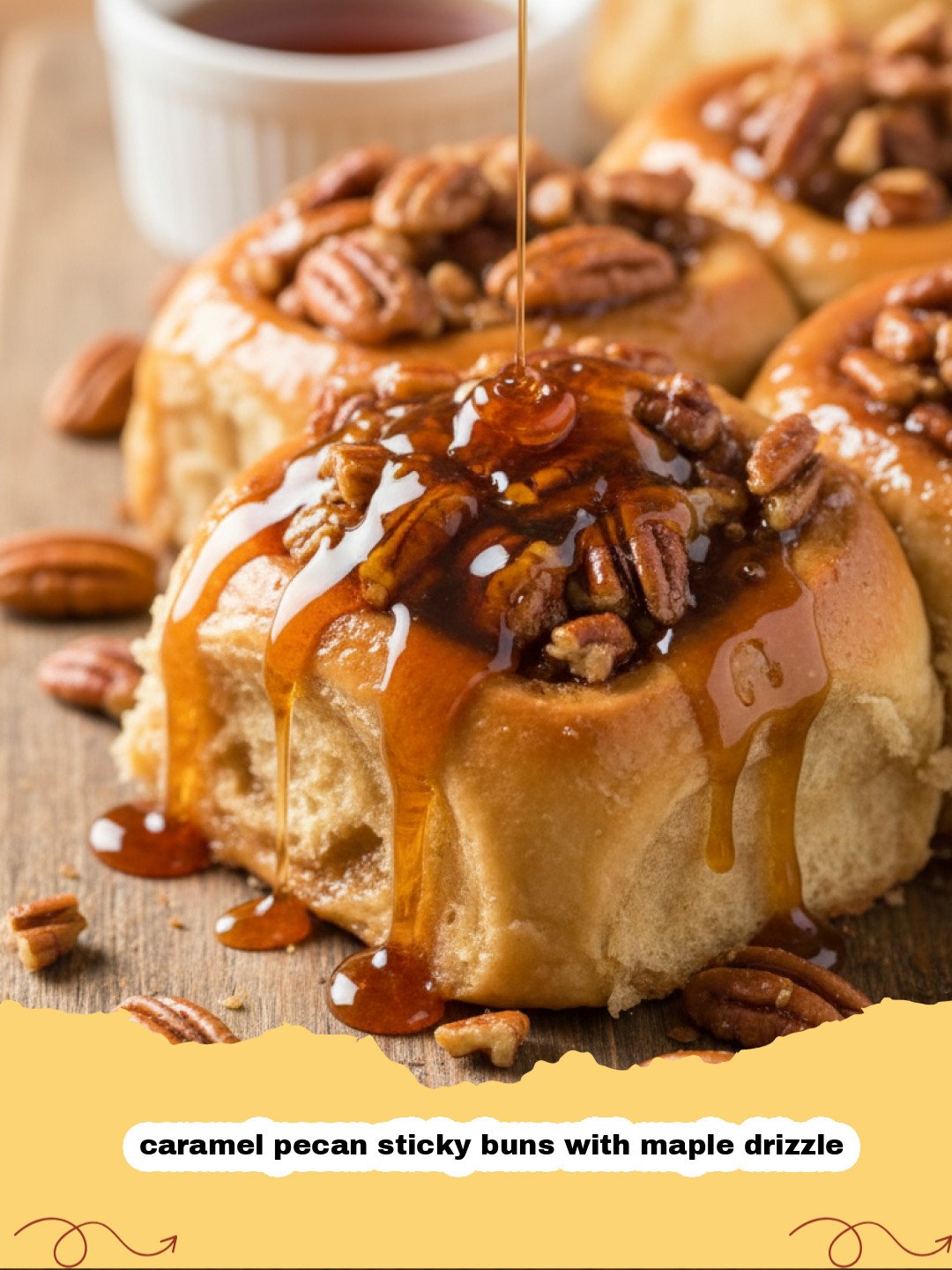 Gooey caramel pecan sticky buns with maple drizzle on a white platter.