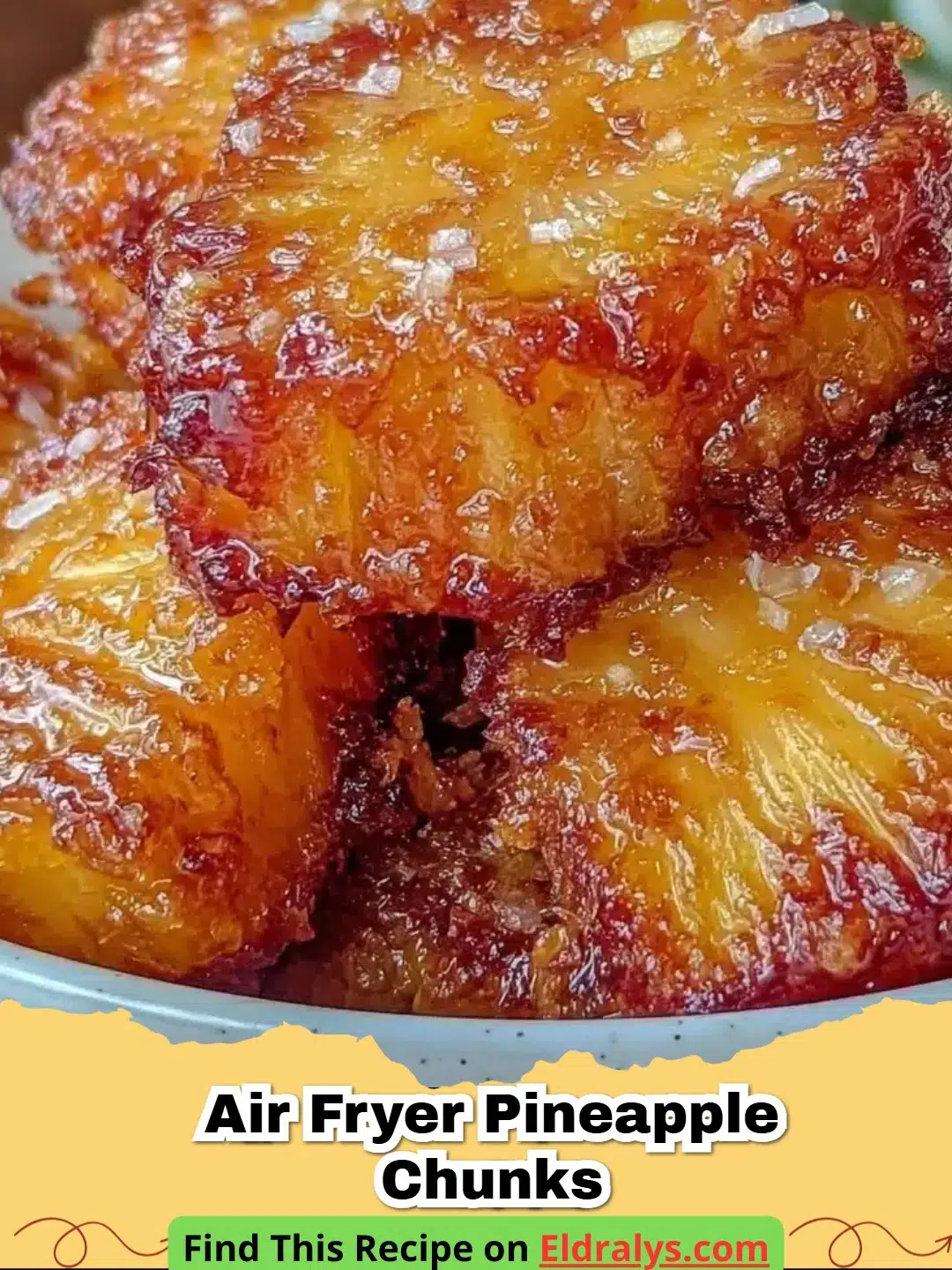 Golden brown Air Fryer Pineapple Chunks on a white serving plate.