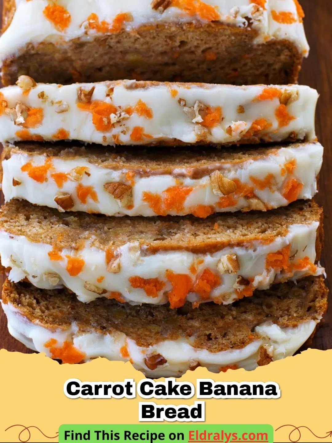 A thick slice of Carrot Cake Banana Bread on a white plate with walnuts on top