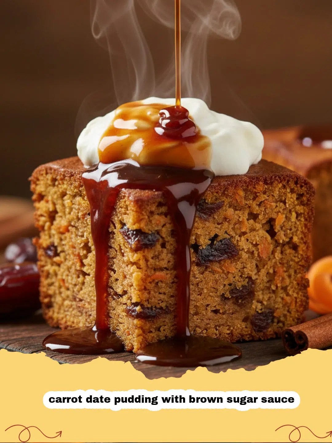 A close-up shot of a slice of carrot date pudding with brown sugar sauce drizzled over the top.