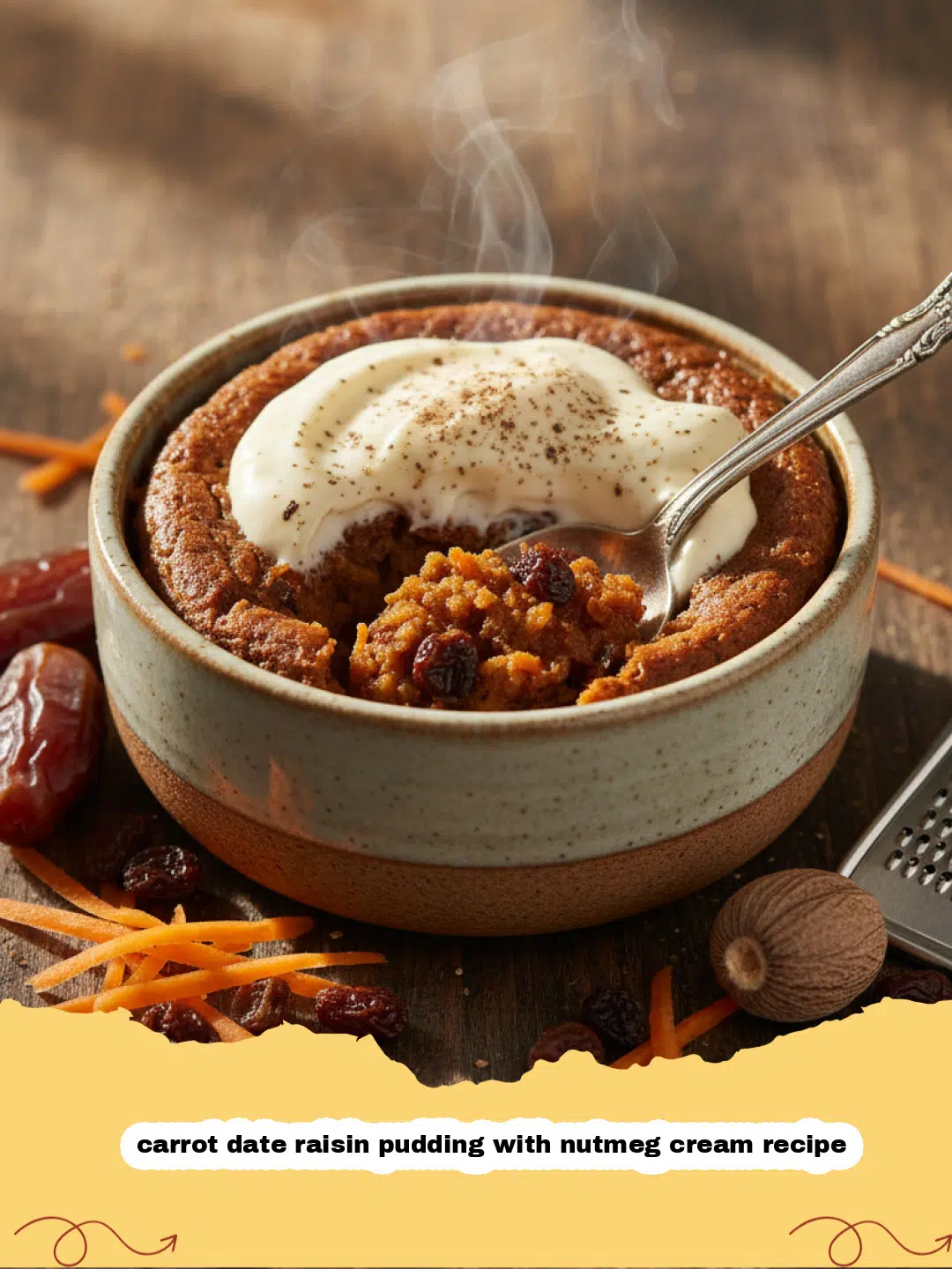 carrot date raisin pudding with nutmeg cream recipe - A slice of steamed carrot date raisin pudding topped with a thick white nutmeg cream sauce on a vintage plate.