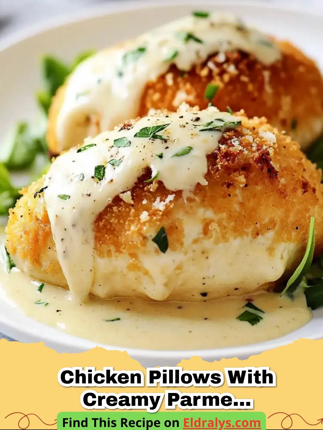 Golden brown Chicken Pillows with Creamy Parmesan Sauce Bliss on a white plate.