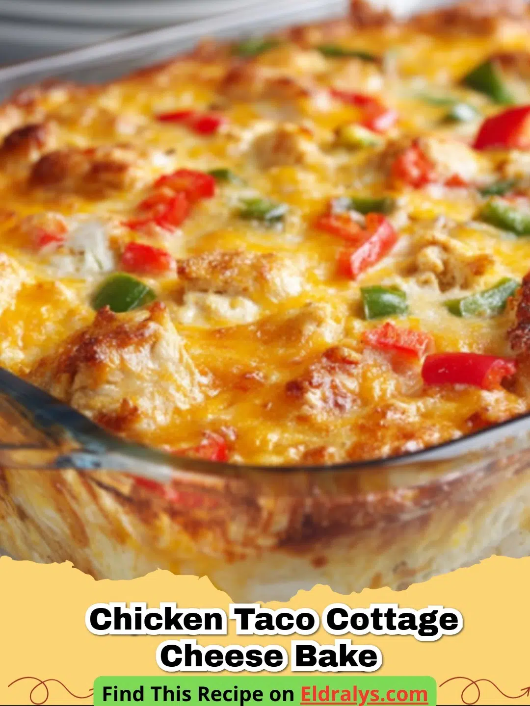 A close up view of a bubbly Chicken Taco Cottage Cheese Bake in a ceramic dish.