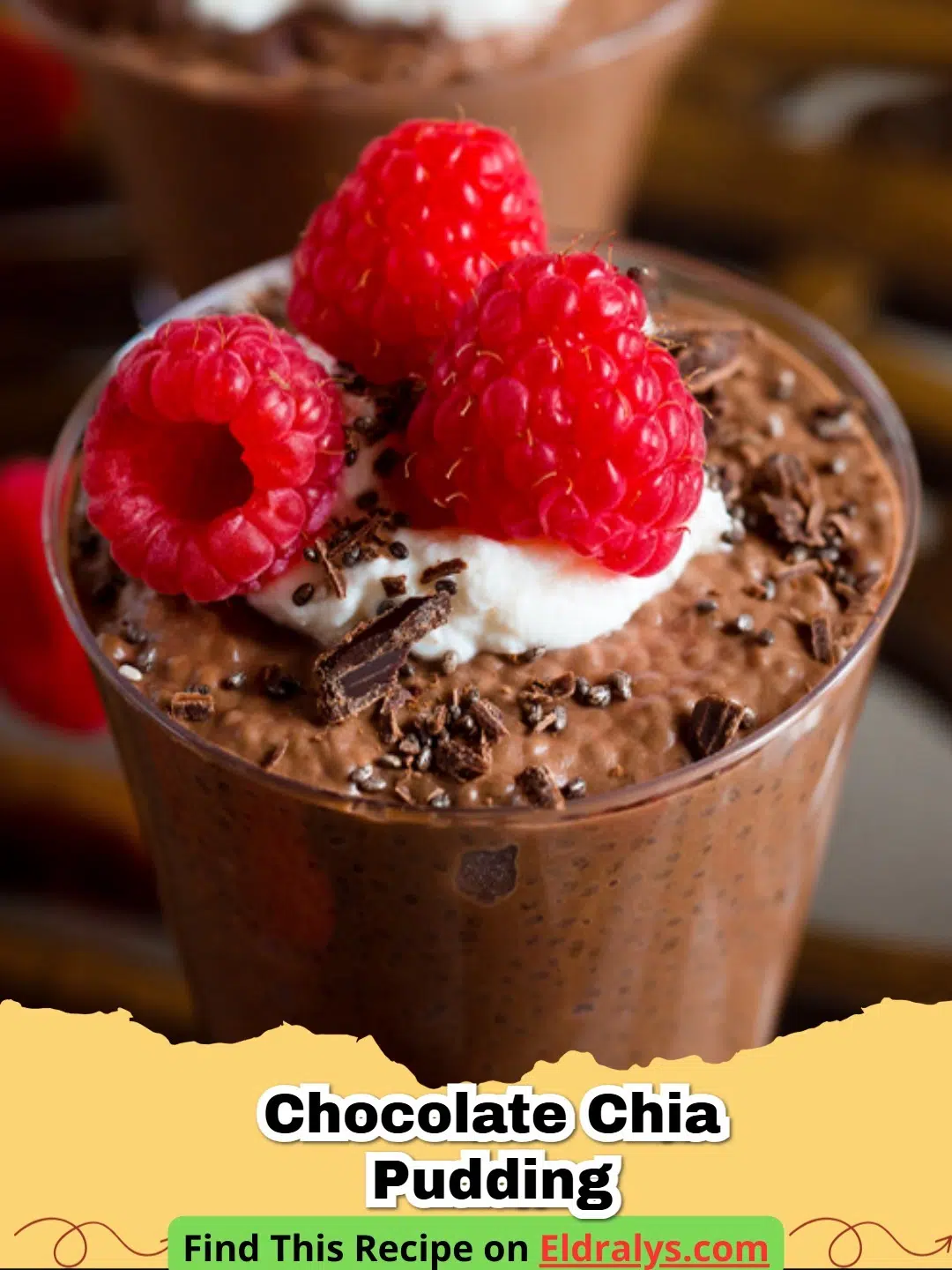 Creamy Chocolate Chia Pudding in a glass jar topped with fresh raspberries.