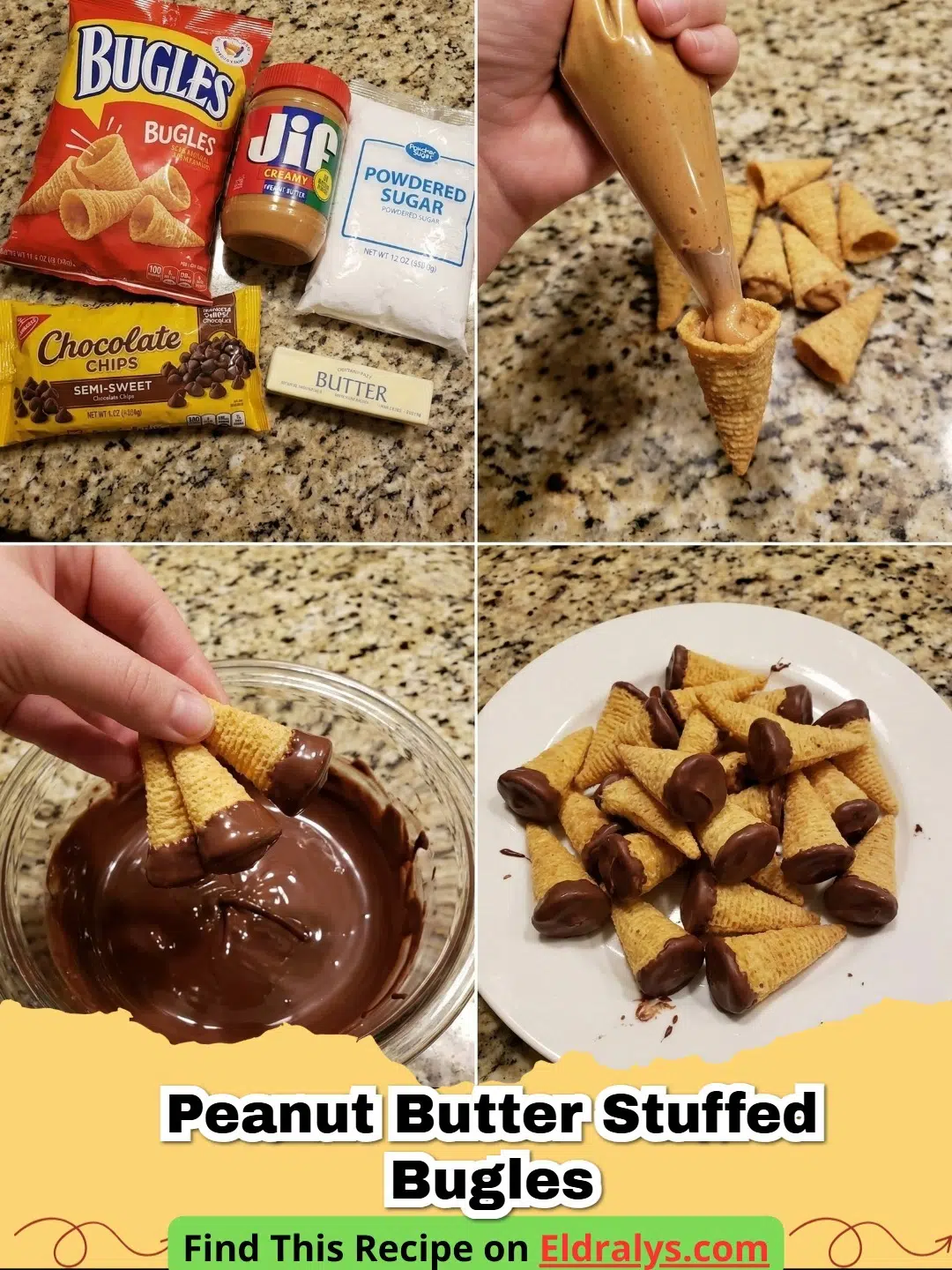 A close up photo of Chocolate Peanut Butter Stuffed Bugles piled on a white plate