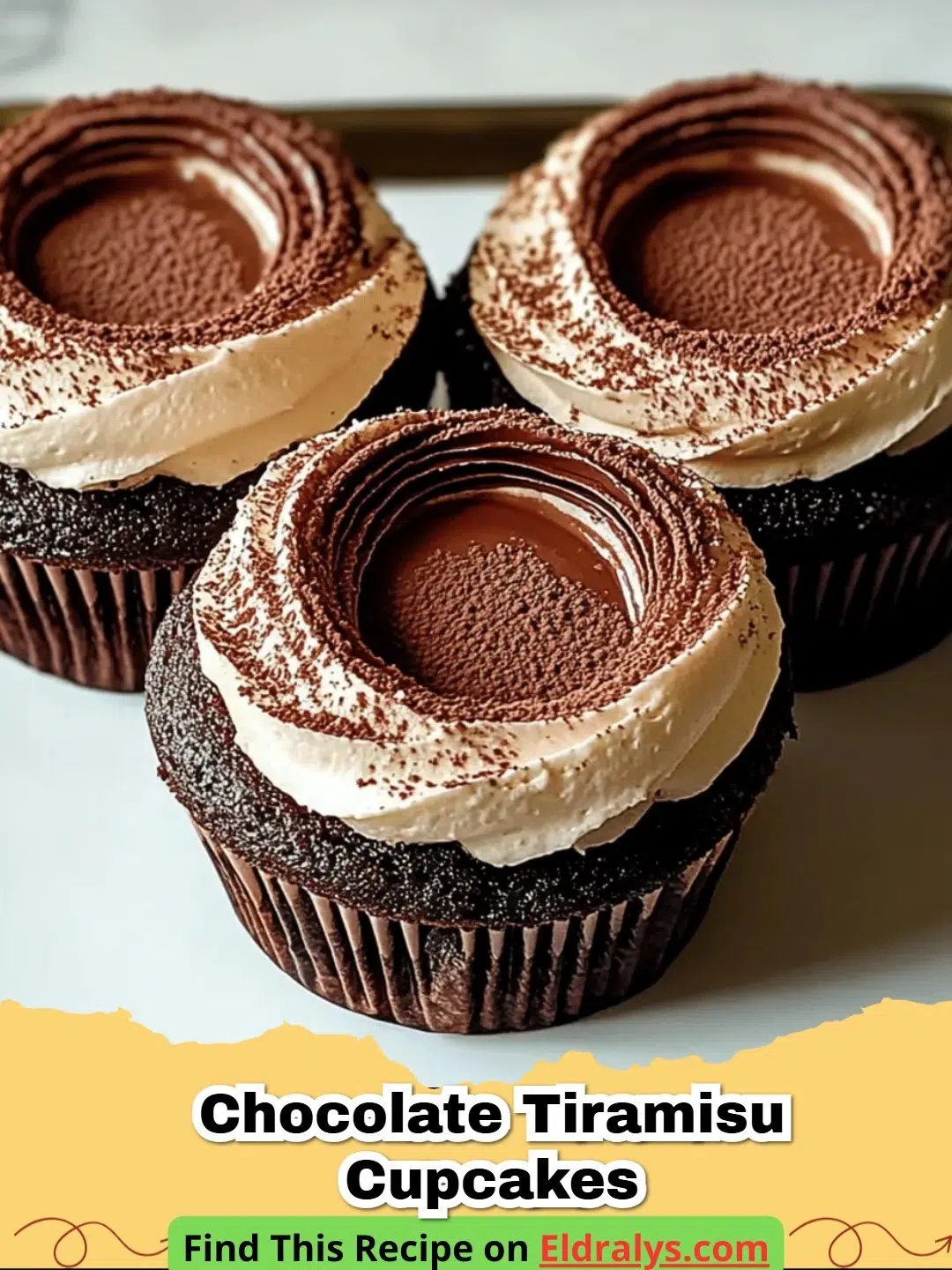 Close up of Chocolate Tiramisu Cupcakes with mascarpone frosting