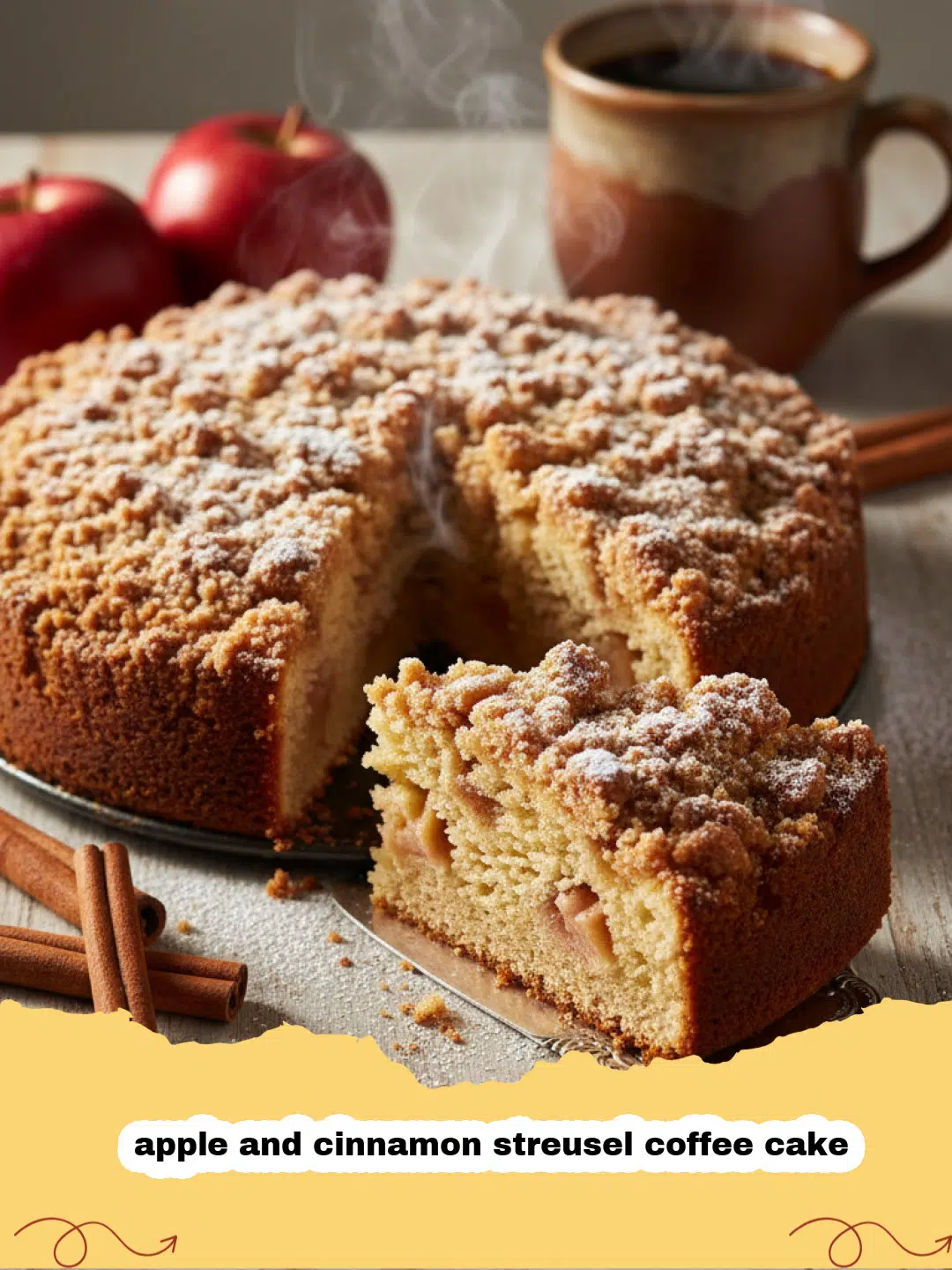 A close-up shot of a slice of apple and cinnamon streusel coffee cake with visible apple pieces and a thick crumbly topping.
