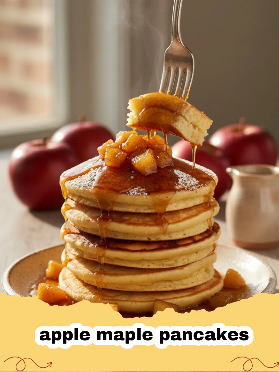 A stack of fluffy apple maple pancakes topped with sautéed apple chunks and dripping maple syrup.