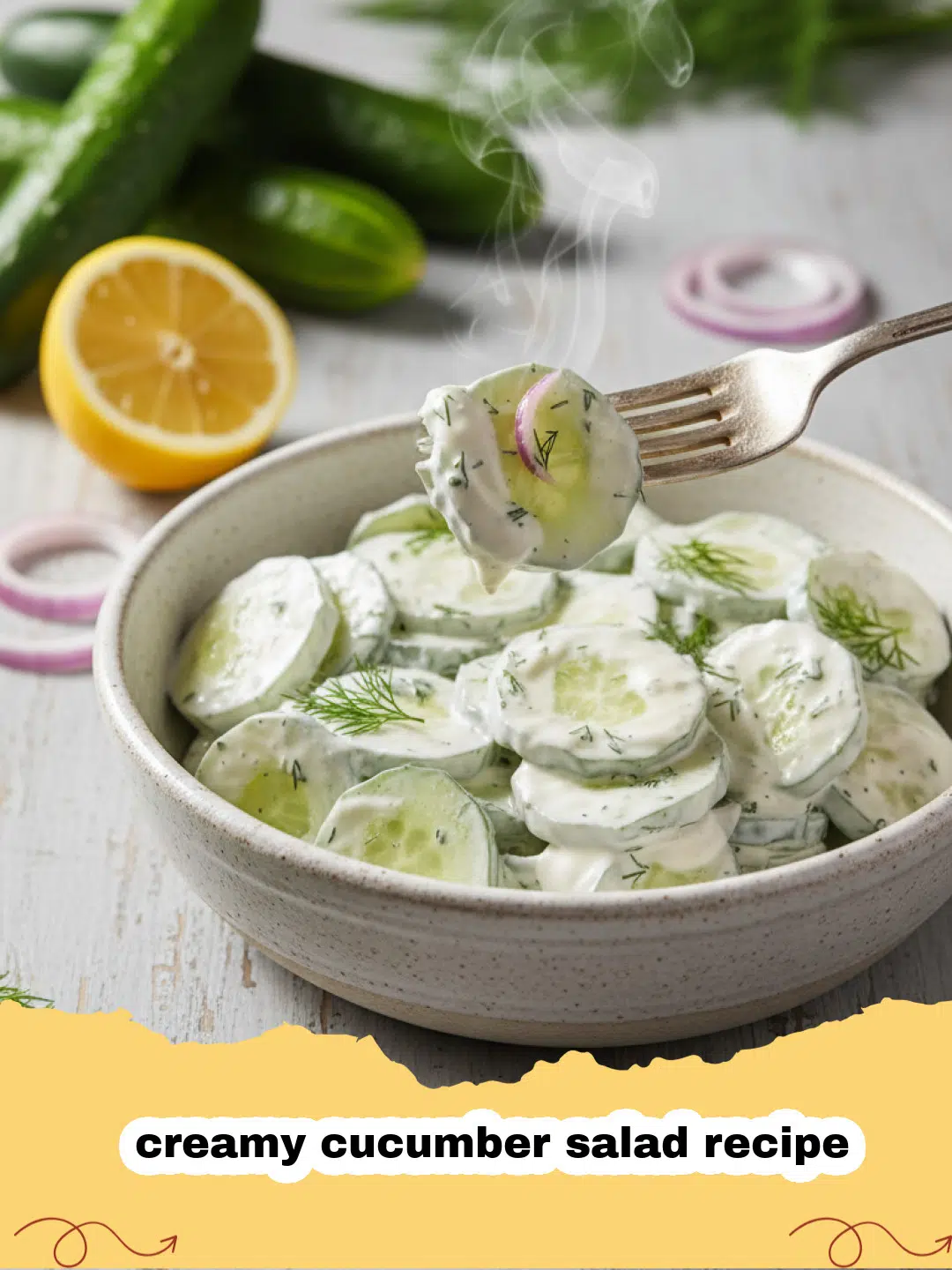 creamy cucumber salad recipe - A close-up of a creamy cucumber salad in a white bowl garnished with fresh dill.