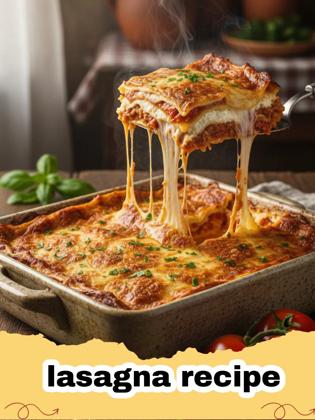lasagna recipe - A close-up view of a perfectly layered slice of lasagna with melted cheese and red meat sauce.