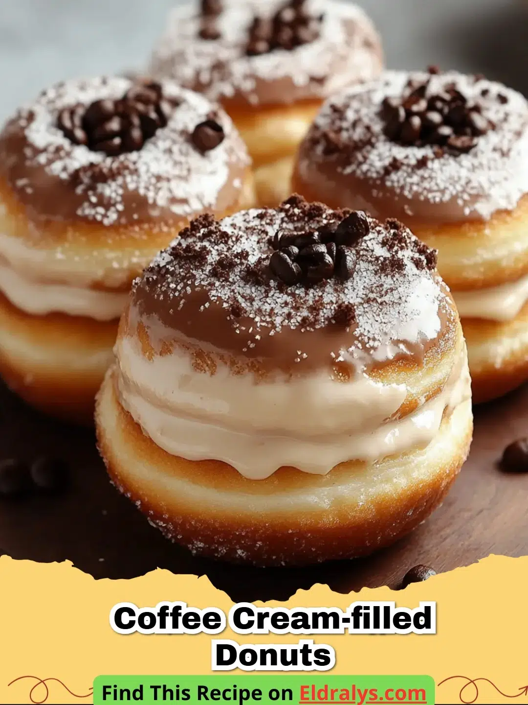 Golden Coffee Cream-Filled Donuts dusted with sugar on a wire rack