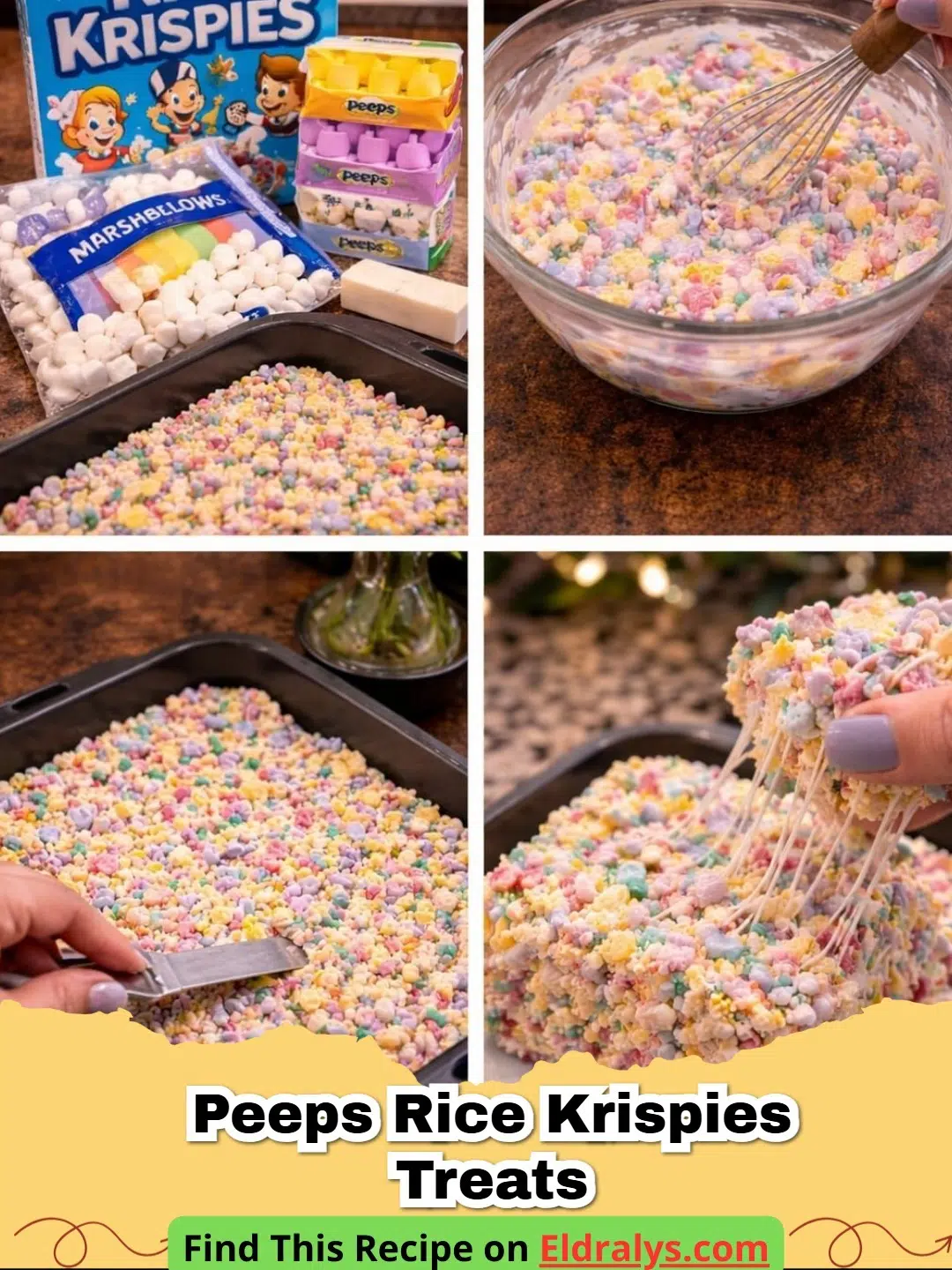 Close up of layered pink, yellow, and blue Peeps Rice Krispies Treats on a platter.