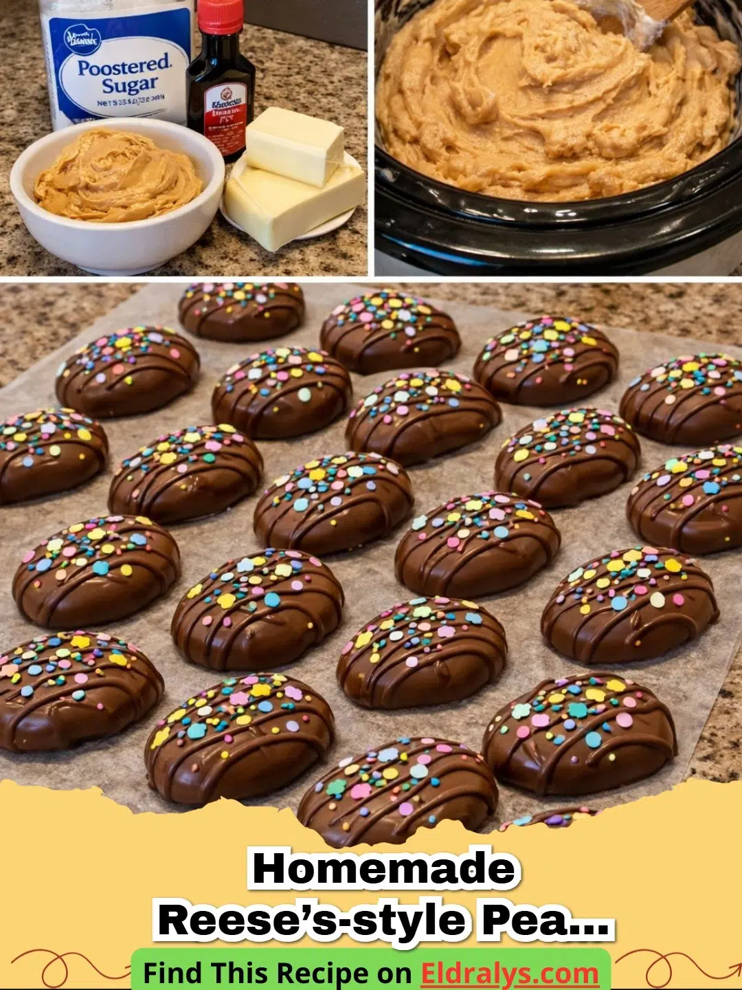 A close up of homemade chocolate covered peanut butter eggs with pastel sprinkles for the Copycat Reese’s Peanut Butter Eggs Recipe.