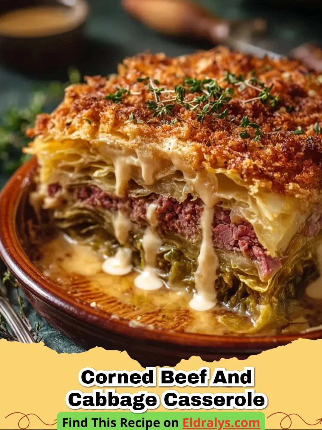 A close up shot of a bubbling Corned Beef and Cabbage Casserole with melted Swiss cheese and rye breadcrumbs.