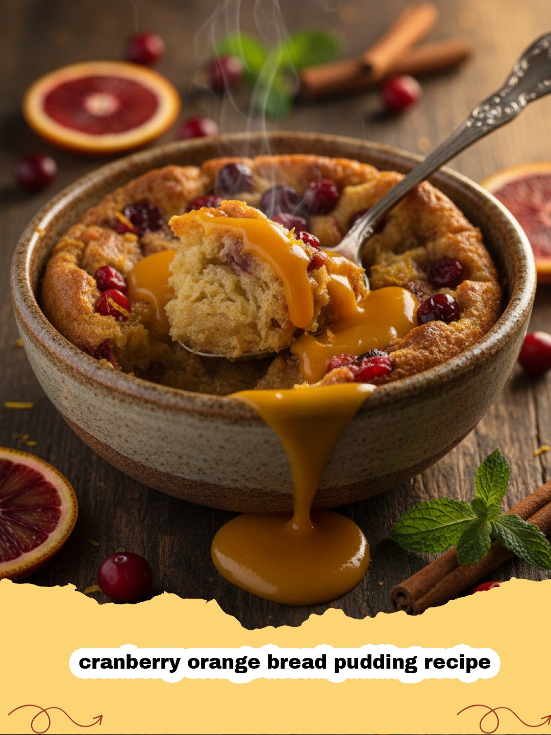 cranberry orange bread pudding recipe - A golden brown cranberry orange bread pudding in a white ceramic dish