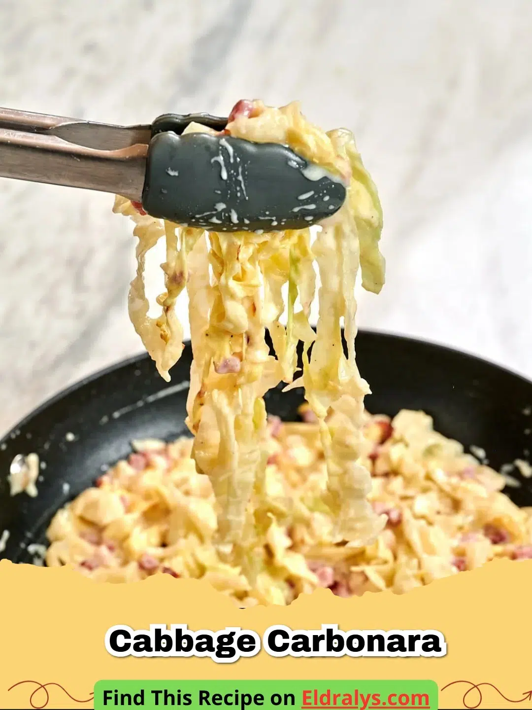 A bowl of creamy Cabbage Carbonara topped with bacon and black pepper