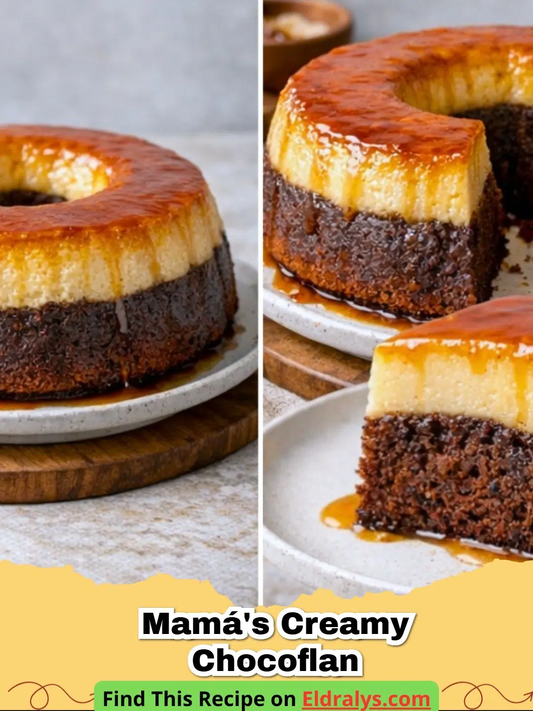 A slice of Creamy Chocoflan Recipe (Impossible Cake) showing the distinct chocolate and flan layers with caramel sauce.