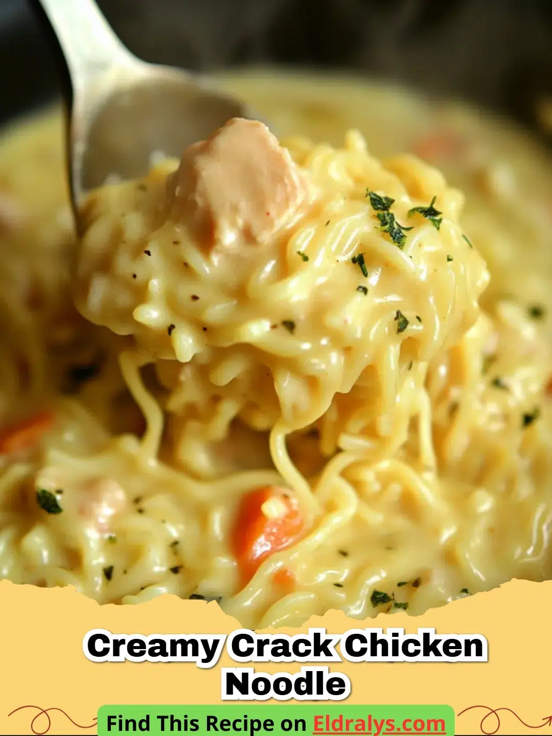 A steaming bowl of Creamy Crack Chicken Noodle topped with bacon and chives.