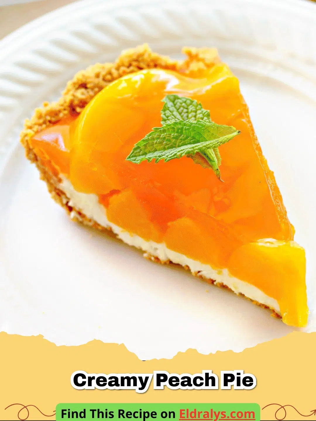 A delicious slice of Creamy Peach Pie with visible peach slices and golden custard