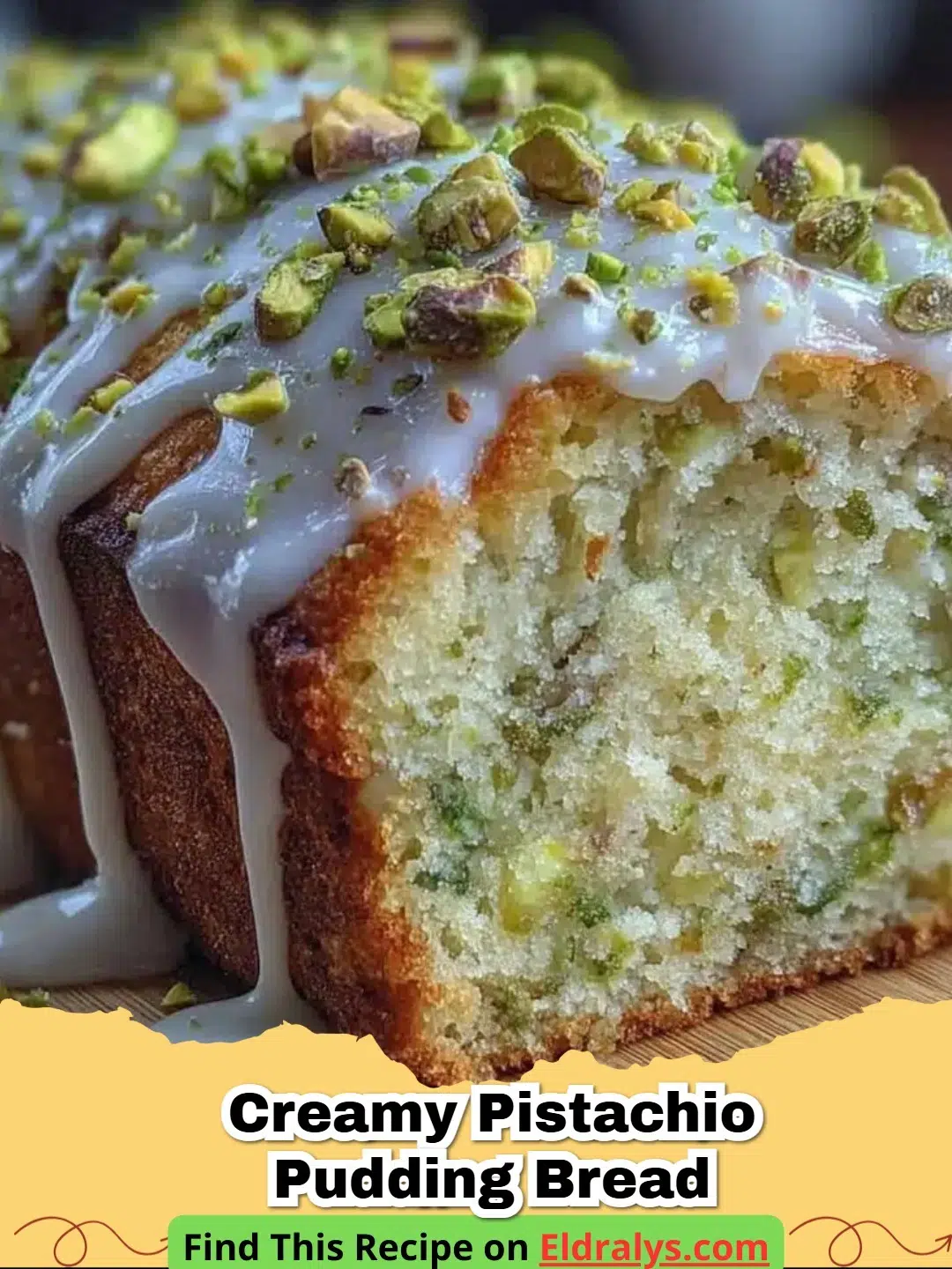 A thick slice of moist Creamy Pistachio Pudding Bread on a wooden board.