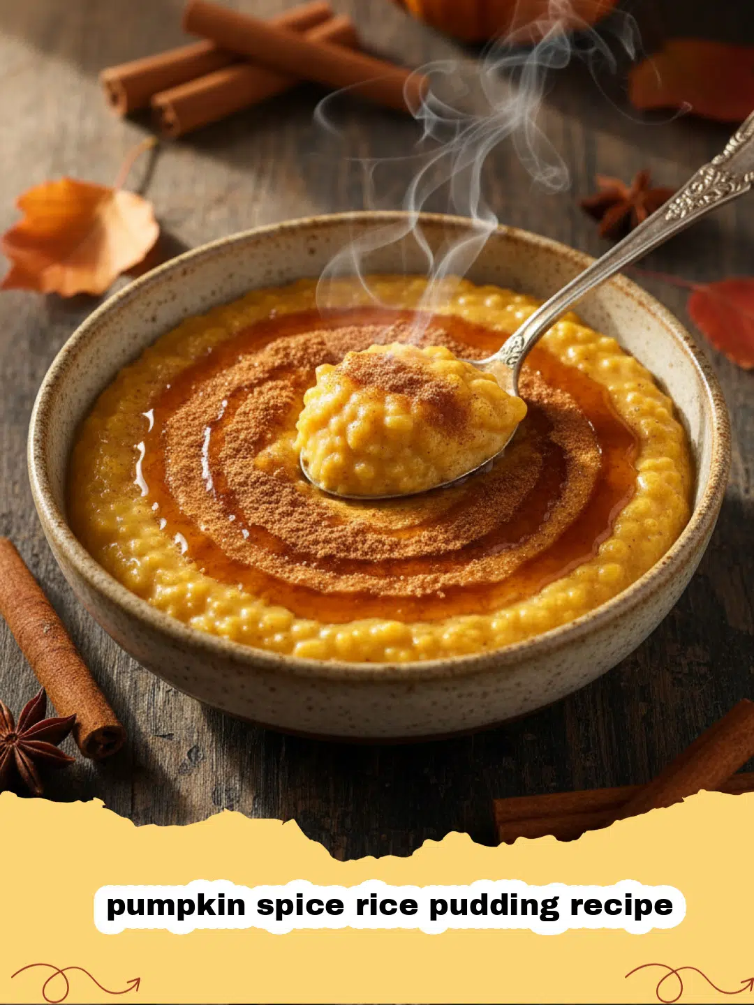 pumpkin spice rice pudding recipe - A bowl of creamy pumpkin spice rice pudding topped with cinnamon and pecans.