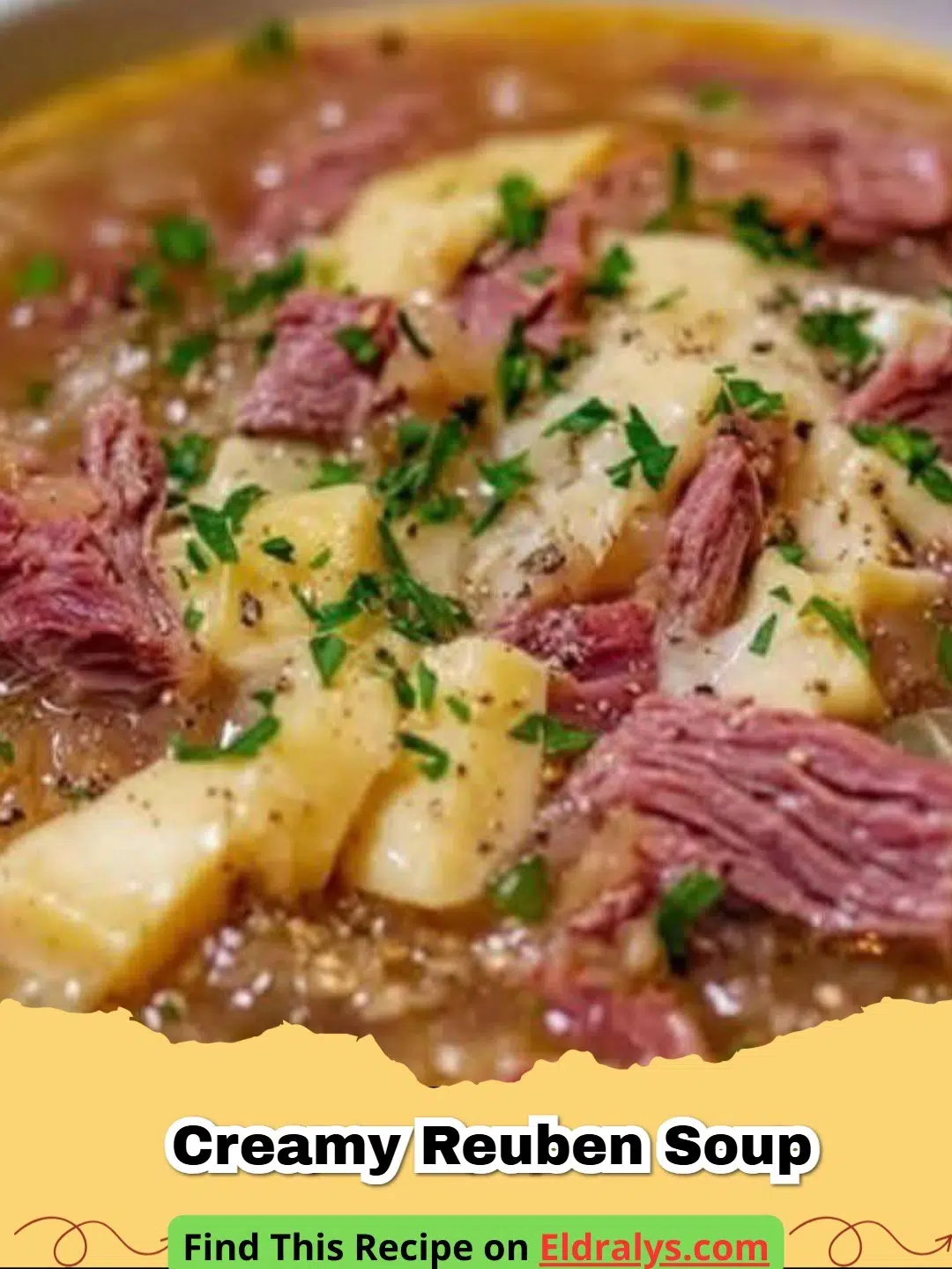 Creamy Reuben Soup Recipe - A bowl of Creamy Reuben Soup topped with rye croutons and melted cheese.