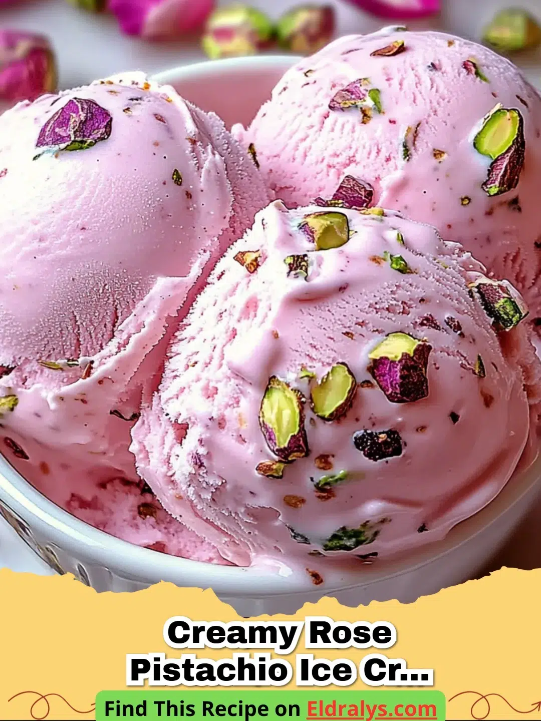 A scoop of Creamy Rose Pistachio Ice Cream for a Luxurious Treat garnished with rose petals.