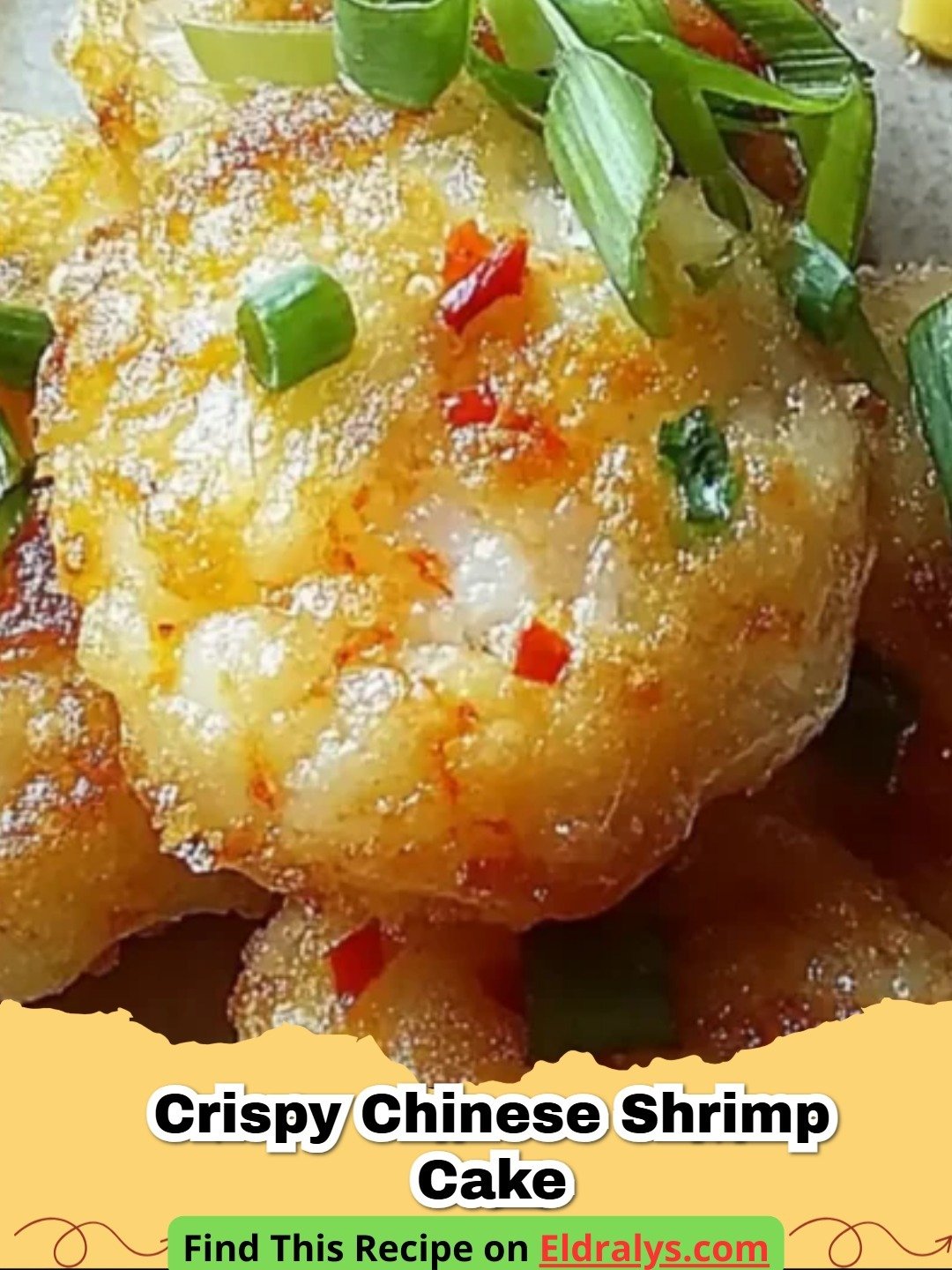 Golden-brown Crispy Chinese Shrimp Cake served on a white platter with dipping sauce.