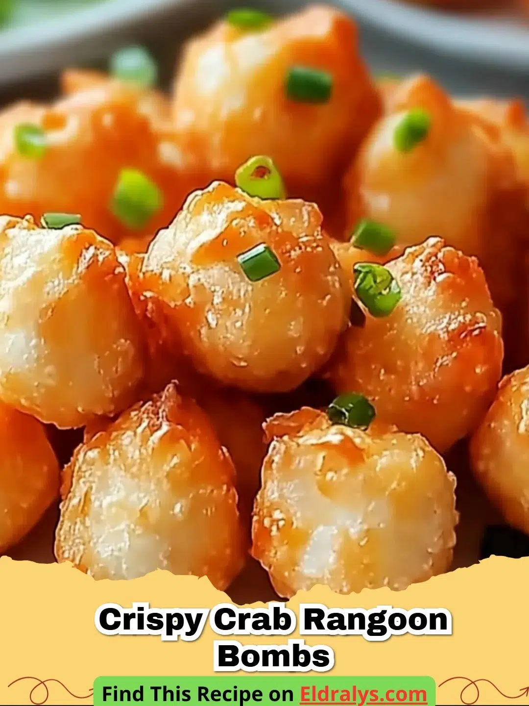 A plate of golden-brown Crispy Crab Rangoon Bombs with sweet chili dipping sauce.