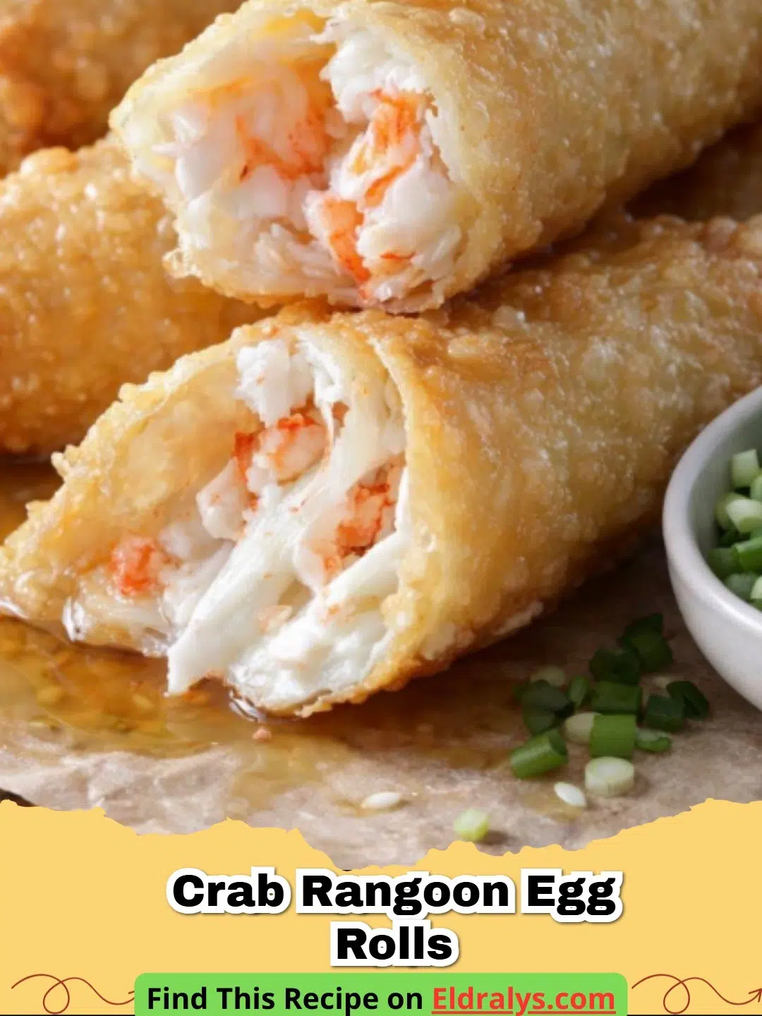Golden brown Crispy Crab Rangoon Egg Rolls served on a white platter.