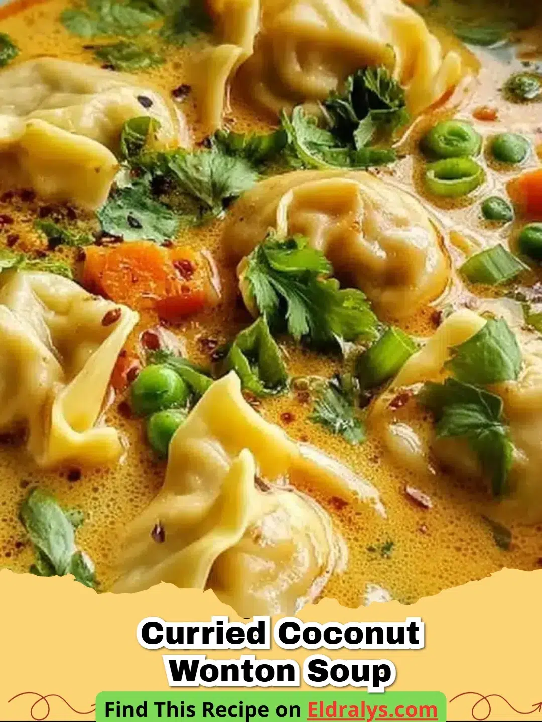 A steaming bowl of Curried Coconut Wonton Soup garnished with cilantro and red chilis.