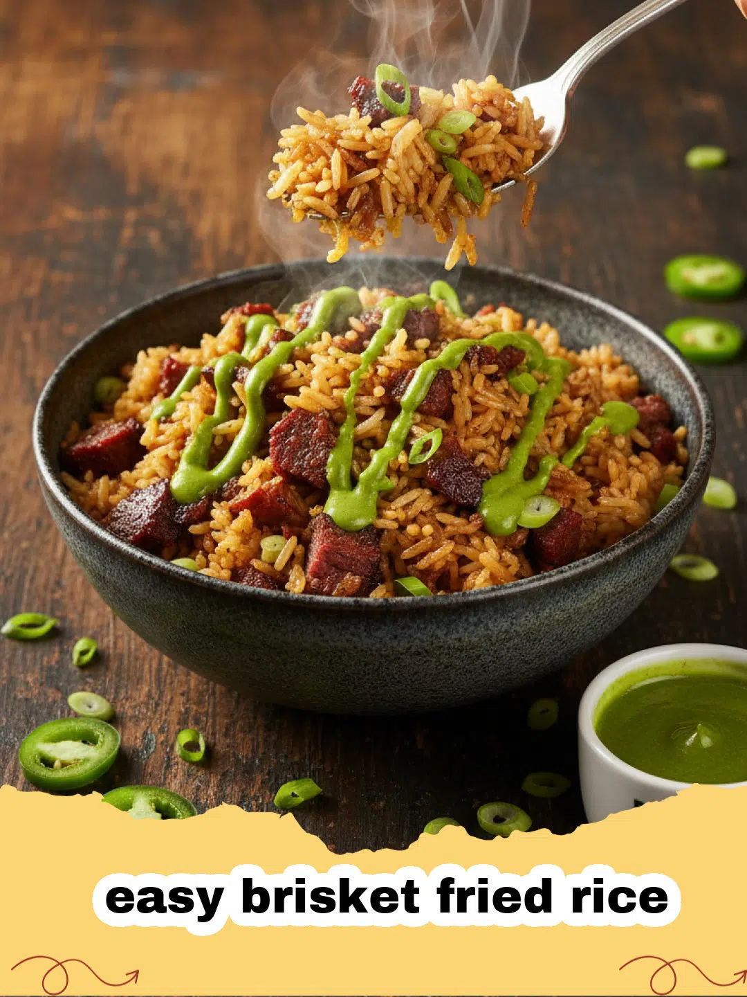A steaming bowl of easy brisket fried rice topped with green onions and sesame seeds.