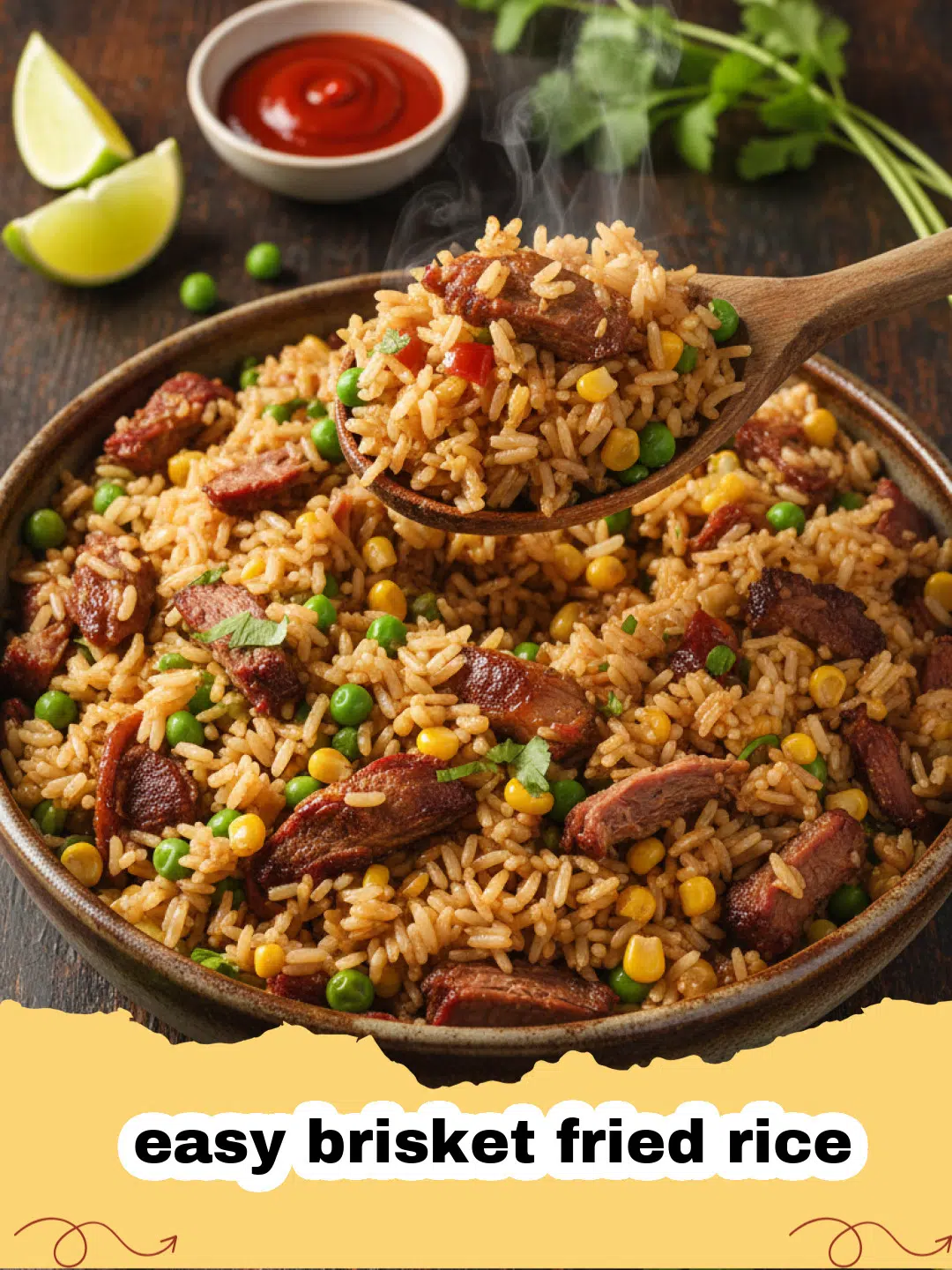 A steaming bowl of easy brisket fried rice with green onions on top
