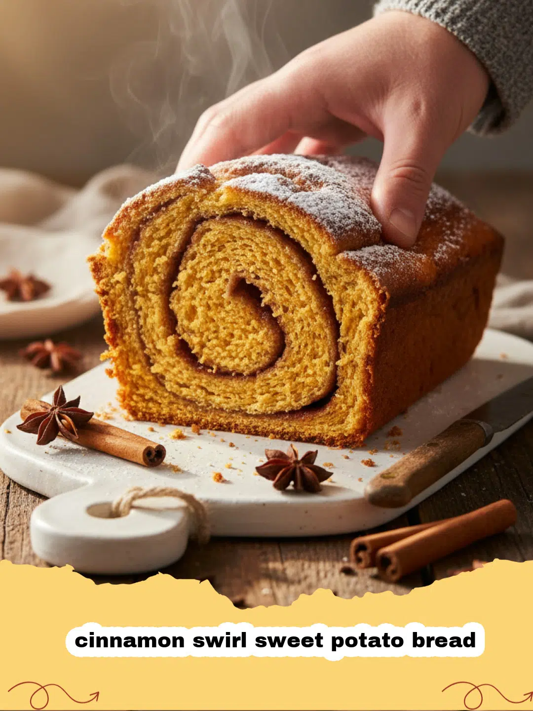 Slices of moist cinnamon swirl sweet potato bread on a wooden board