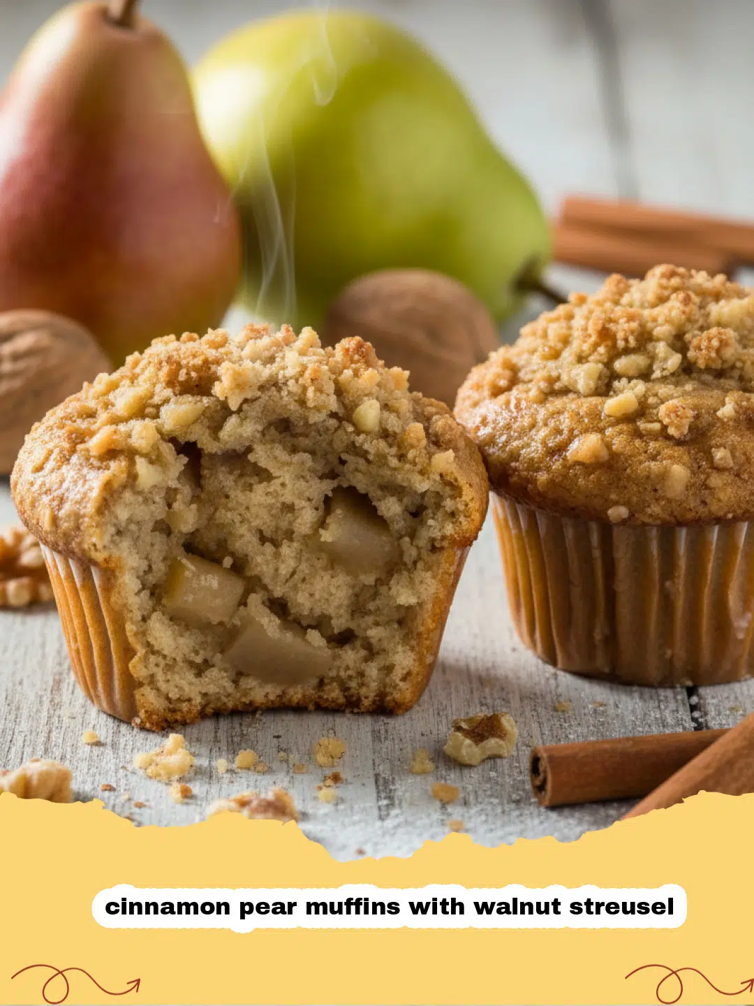 Close-up of golden brown cinnamon pear muffins with walnut streusel on a cooling rack.