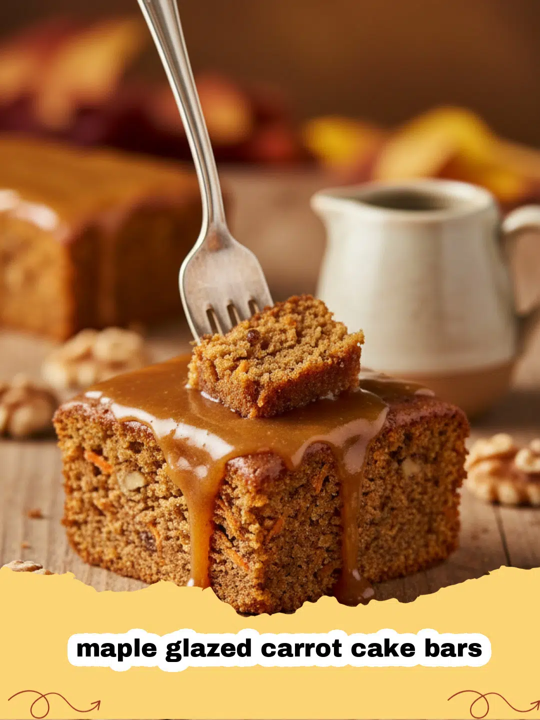 A close up shot of sliced maple glazed carrot cake bars on a wooden serving board.