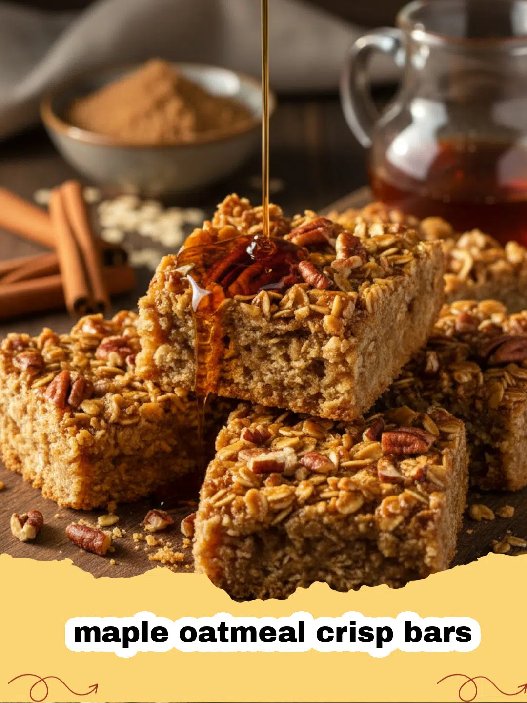 A close up shot of golden brown maple oatmeal crisp bars stacked on a plate.