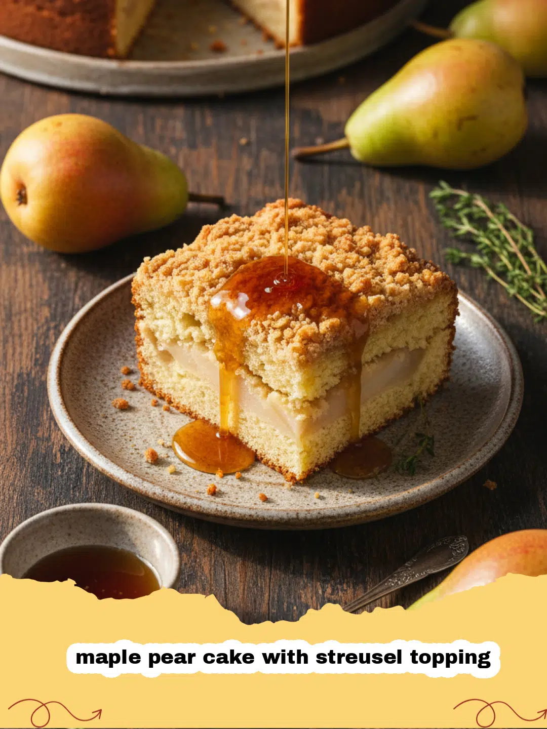 maple pear cake with streusel topping - A golden brown maple pear cake with a thick layer of cinnamon streusel on a wooden serving board.