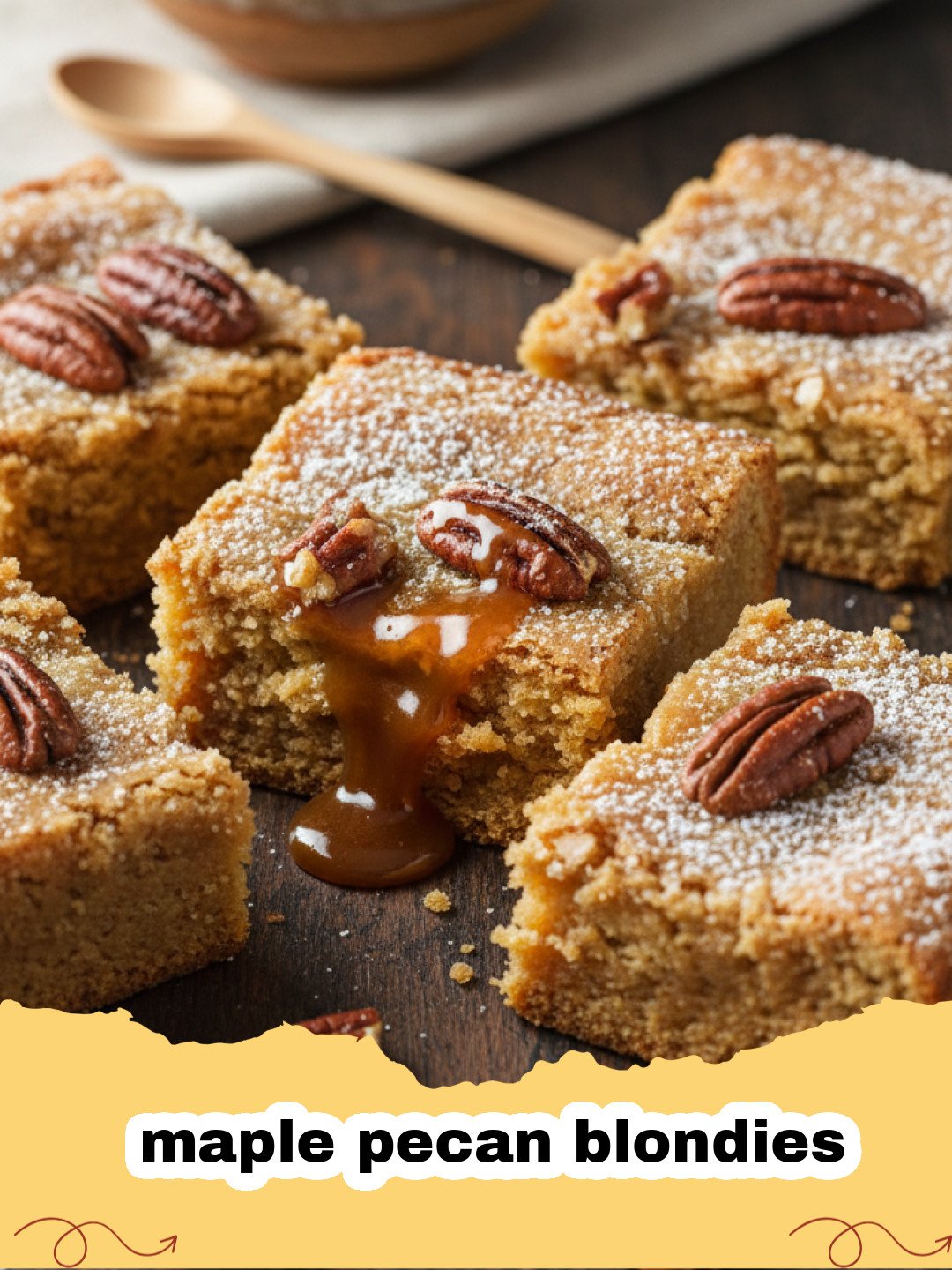 A close-up shot of several stacked maple pecan blondies showing their chewy texture and crunchy pecans.