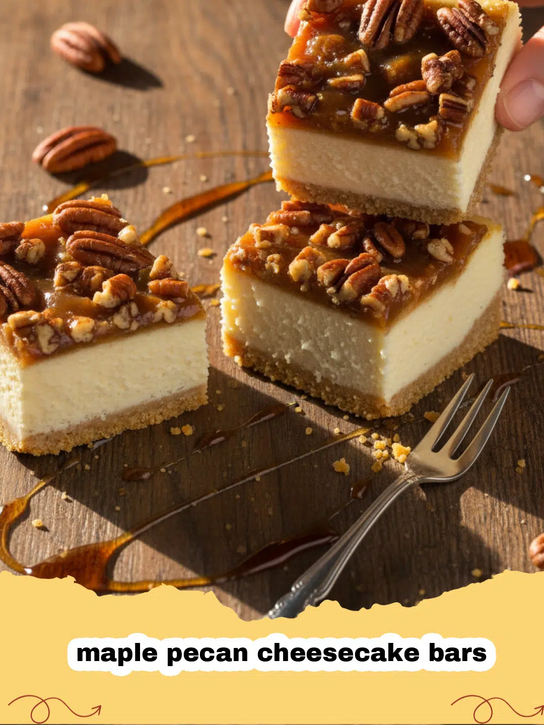 A close-up shot of several maple pecan cheesecake bars stacked on a plate showing the layers of crust, cheesecake, and pecans.