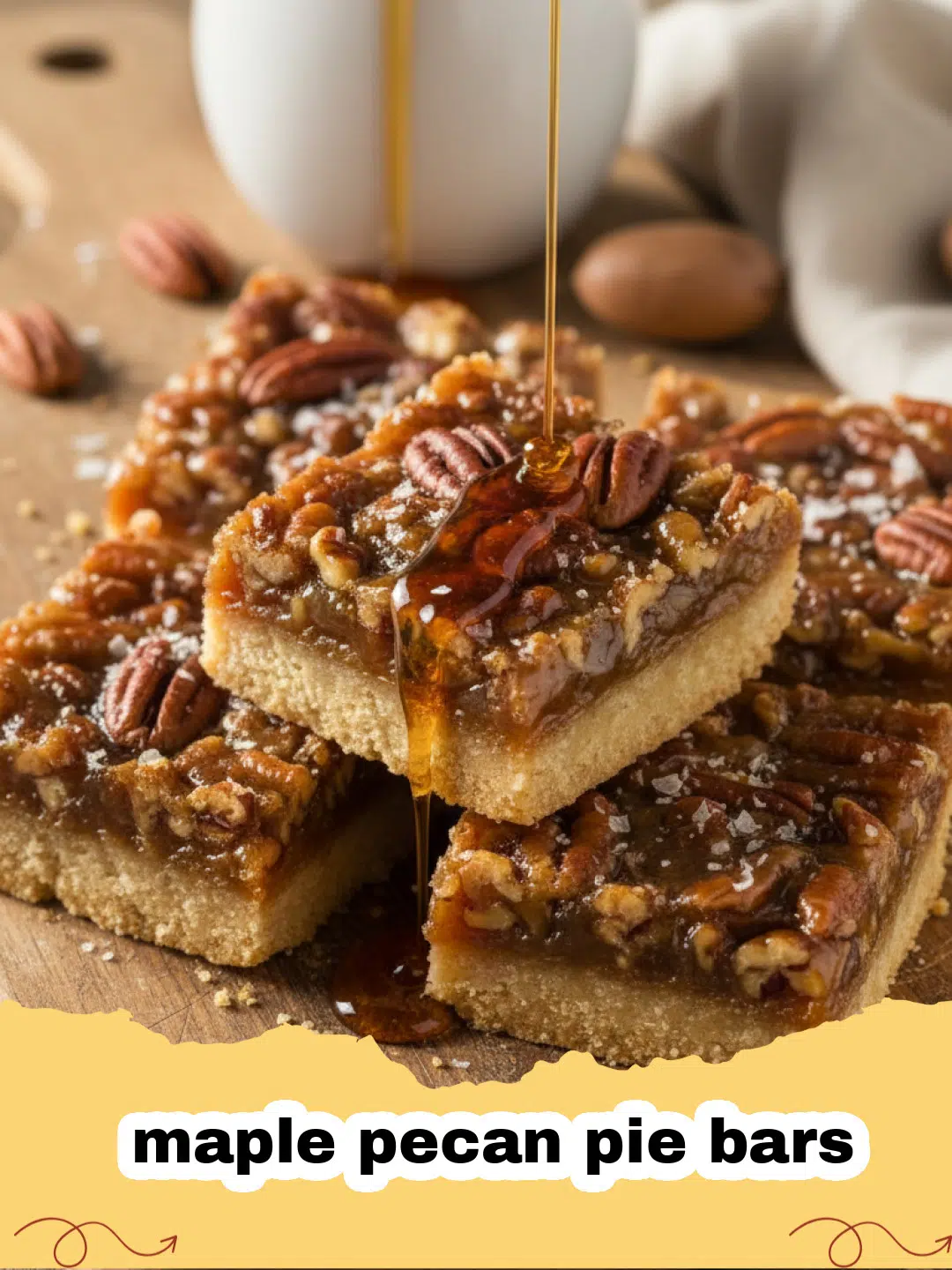 maple pecan pie bars - Close-up of a stack of Maple Pecan Pie Bars on a wooden serving board.