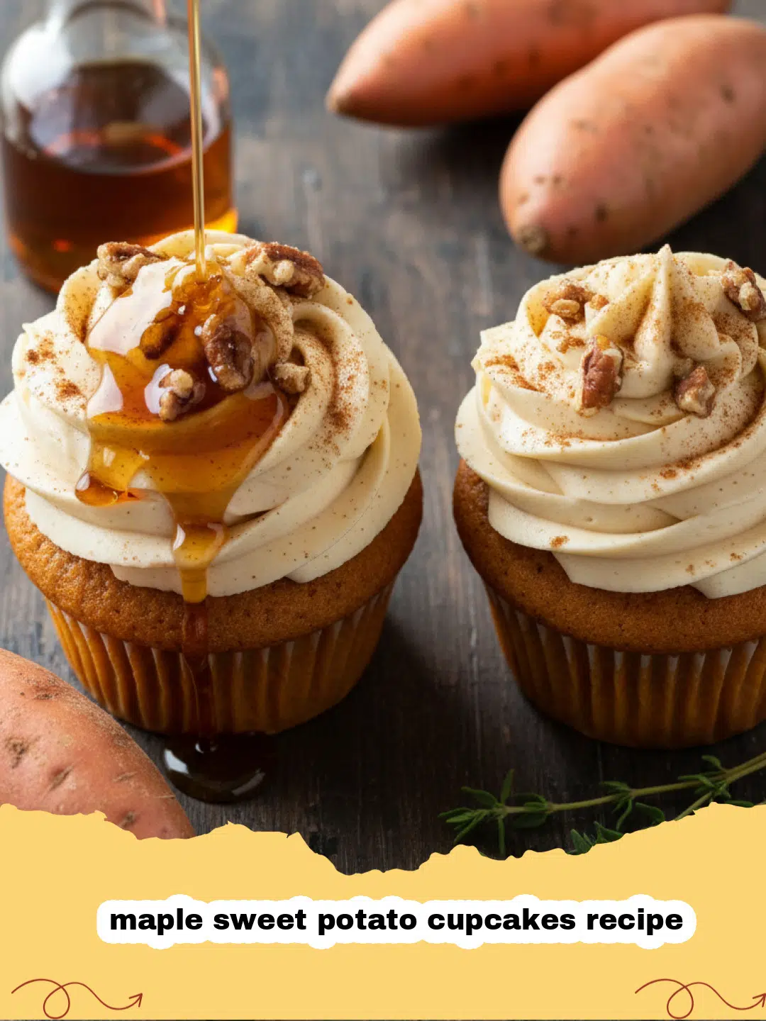 maple sweet potato cupcakes recipe - A close-up shot of maple sweet potato cupcakes with swirls of maple frosting and a sprinkle of cinnamon.