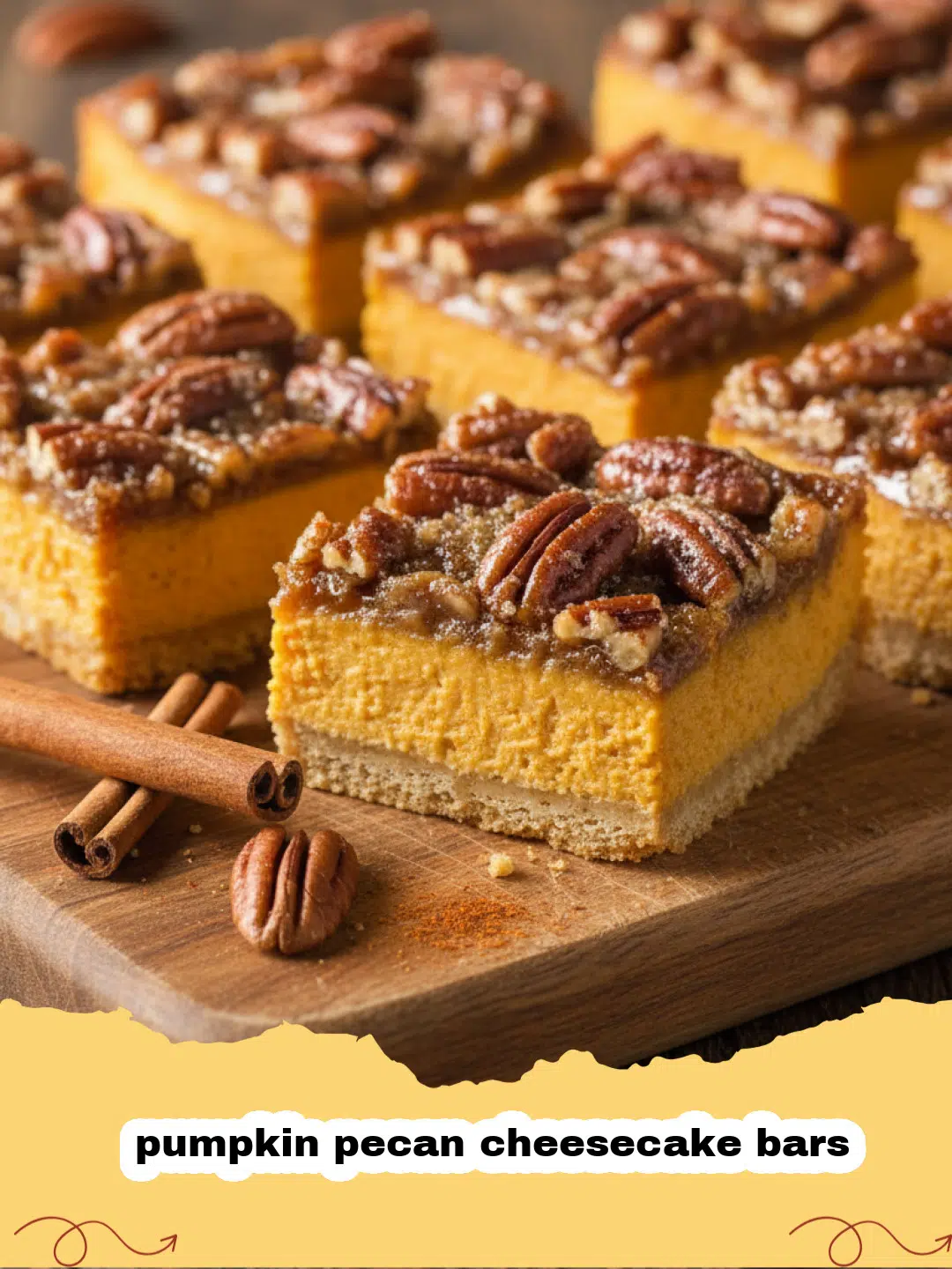pumpkin pecan cheesecake bars - A close-up of a pumpkin pecan cheesecake bar with a thick pecan topping on a white plate.